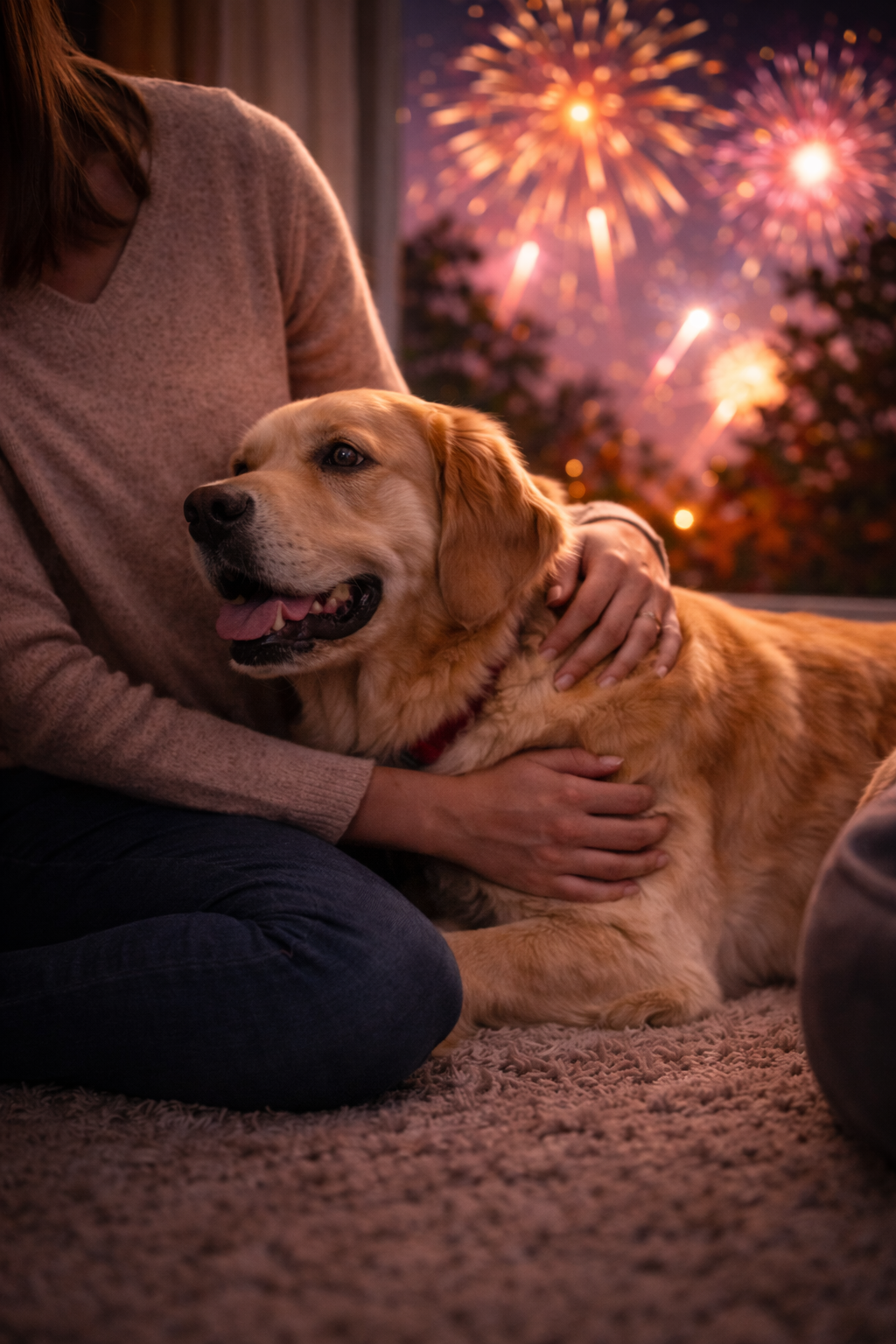humain qui rassure le chien pour le feu d'artifice